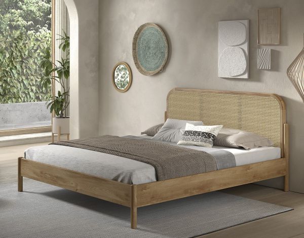 Doppelbett 180x200 mit Rattan-Geflecht Rattanbett Bettgestell Eiche