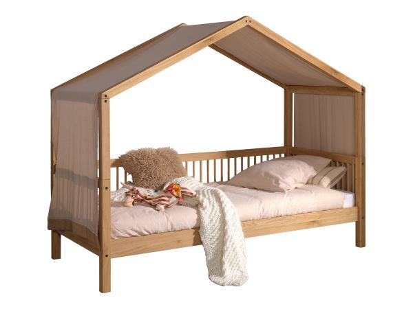 Hausbett Kinderbett 90x200 Textilhimmel Lattenrost Spielbett Eiche massiv geölt