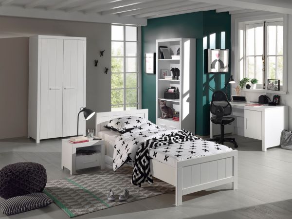 Vipack: Set "ERIK" mit Bett Nachtkonsole Kleiderschrank Schreibtisch Regal -Weiß