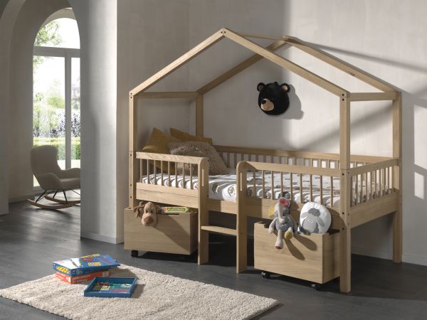 Halbhohes Hausbett Leiter Boxen Lattenrost 90x200 Spielbett Eiche massiv natur