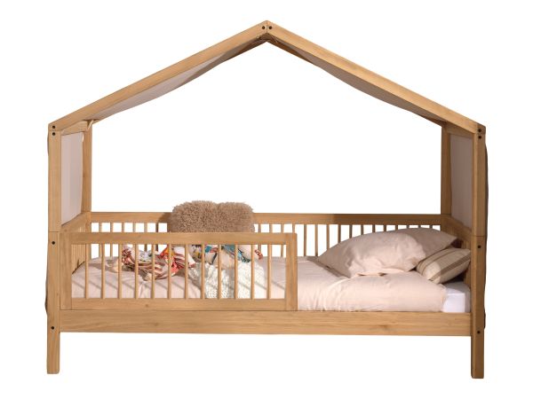 Hausbett 90x200 Textilhimmel Rausfallschutz Lattenrost Spielbett Eiche massiv