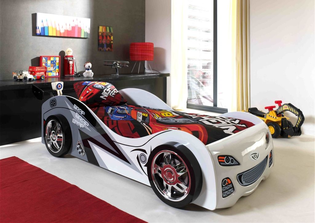 Autobett inkl Matratze 90x200 Rennauto Car Kinderbett Lattenrost Rennwagen weiss