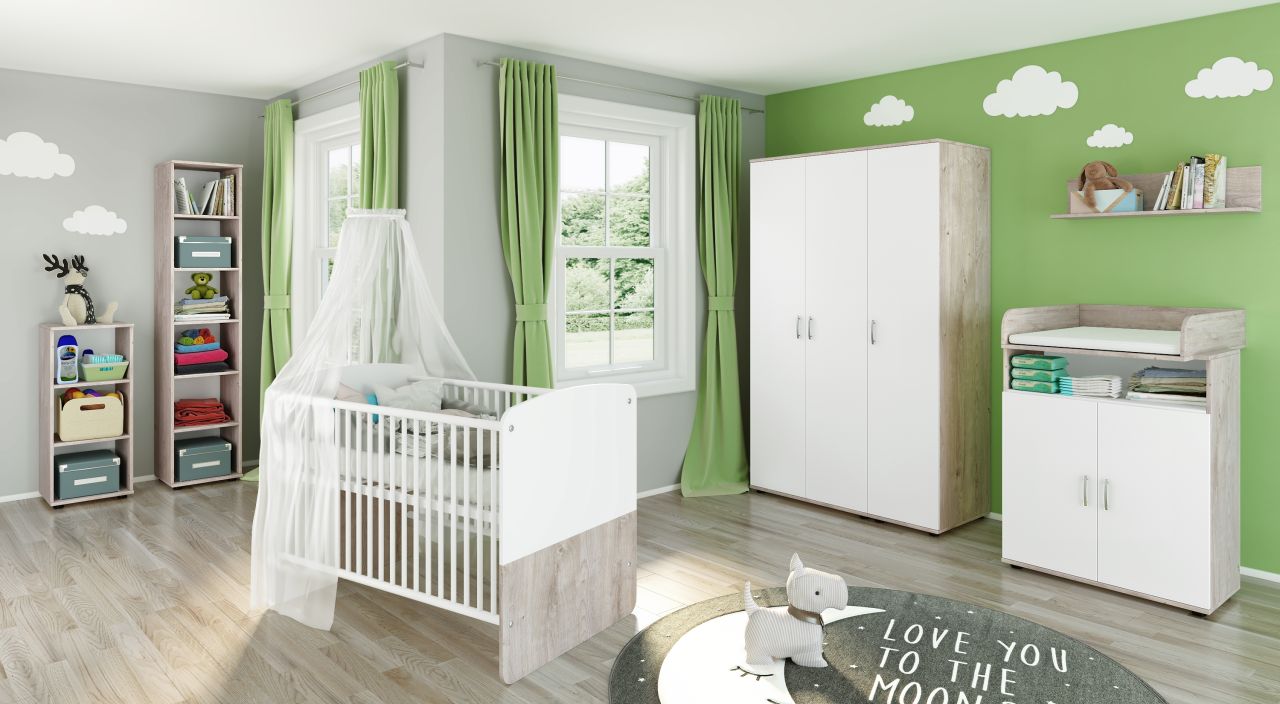 Babyzimmer Set Babybett Wickelkommode Wandboard Kleiderschrank 3 türig Regale