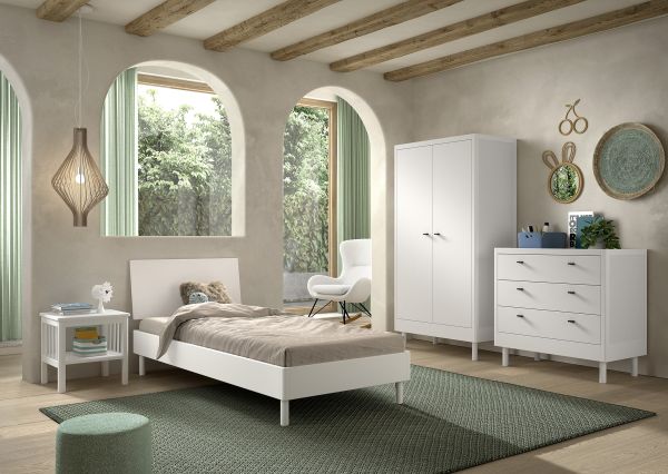 Set Futonbett Schrank 2T Nachtkonsole Kommode Lattenrost Buche massiv Weiß
