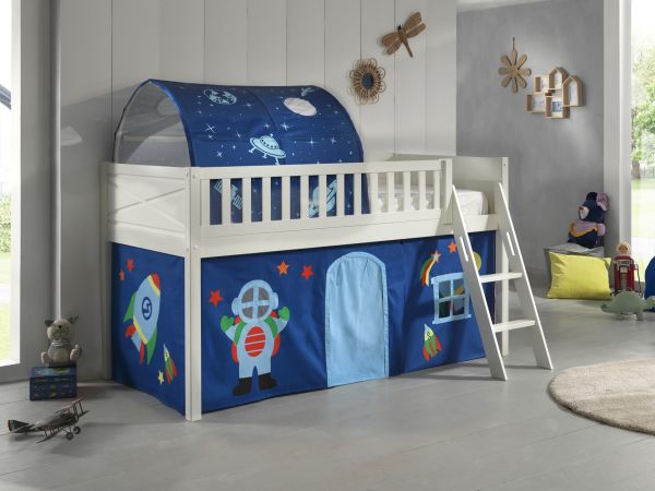 Set Spielbett Vorhang Lattenrost Hochbett Kinderbett 90x200 Weltall Astronauten