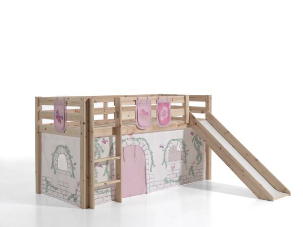 Vipack PINO Spielbett mit Rutsche 90x200 und Vorhang/Taschen Birdy Massiv Natur