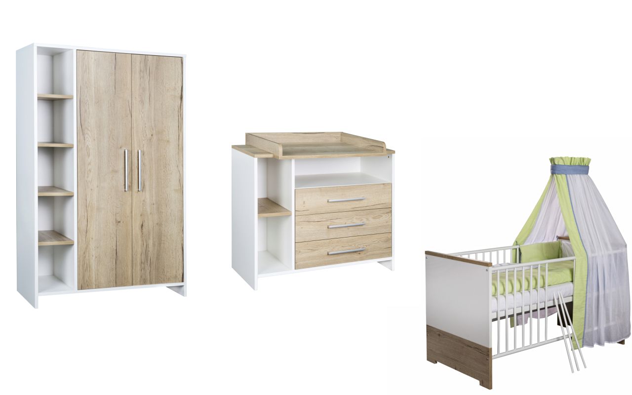 Set Kinderbett 70x140 Wickelkommode Schrank Umbauseiten Babyzimmer Weiß Schardt