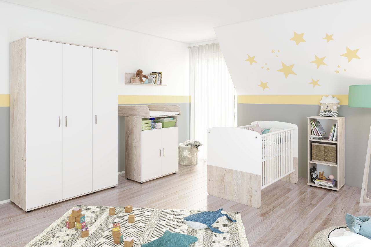Babyzimmer Set Babybett Wickelkommode Wandboard Kleiderschrank 3 türig Regal