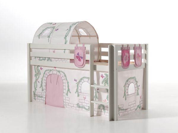 Vipack: "PINO" Spielbett / Hochbett 90 x 200 mit Textilset "Birdy" Massiv Weiß