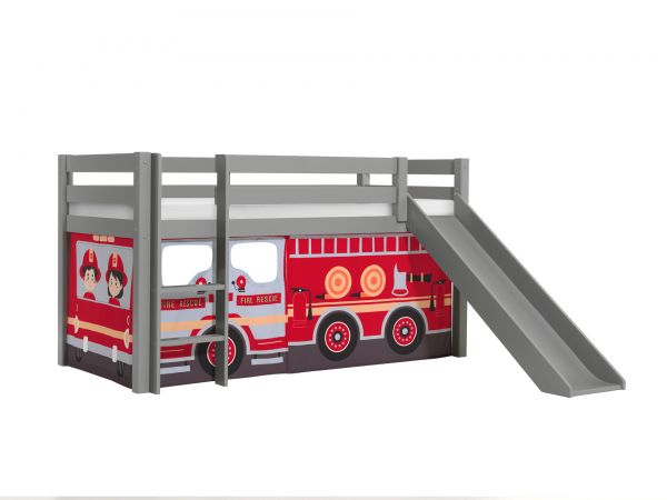 Vipack:"Pino" Halbhohes Spielbett mit Rutsche+Textilset Feuerwehr - Grau