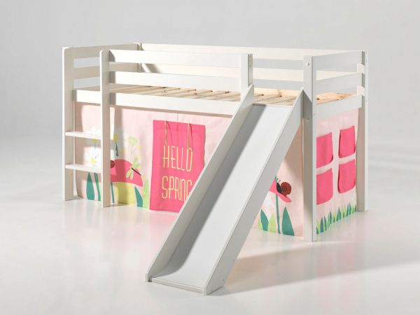 Spielbett Hochbett Kinderbett 90x200 Rutsche Vorhang Rosa Blumen Holzbett Weiß