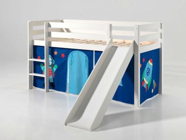 Spielbett Hochbett Kinderbett 90x200 Rutsche Vorhang Astronaut Weiß Weltall Holz