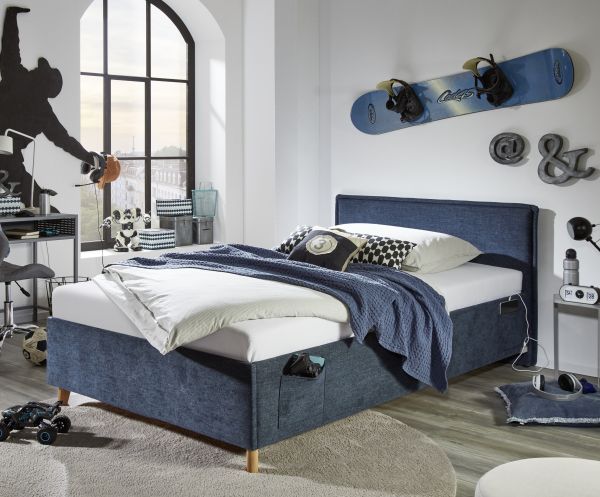 Polsterbett in 3 Größen Jugendbett Polsterliege USB-Anschluss Blau