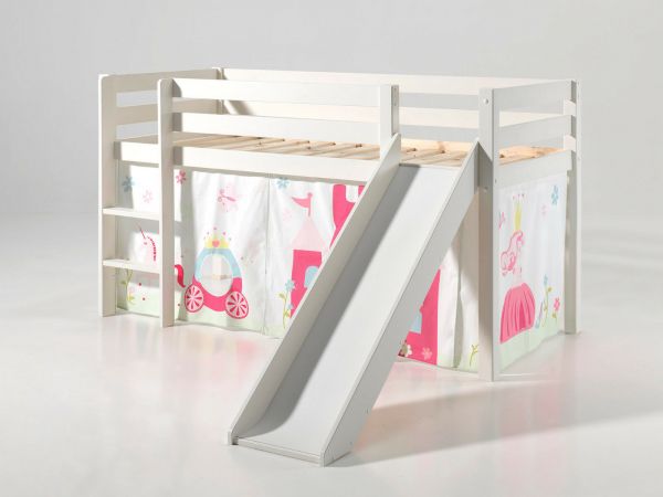 Spielbett Hochbett Kinderbett 90x200 Rutsche Vorhang Prinzessin Weiß Rosa Holz