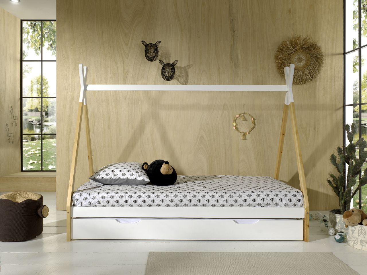 Tipi Bett mit Lattenrost+Bettschublade- 90x200 Kinderbett Zelt