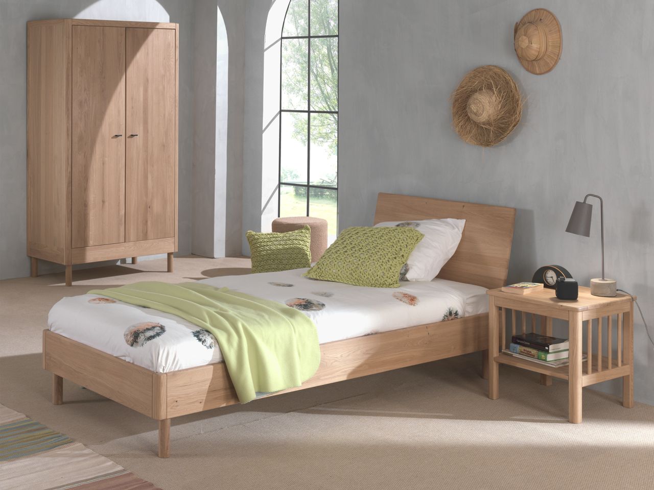 Set Futonbett Schrank 2T Nachtkonsole Lattenrost Eiche massiv natur geölt