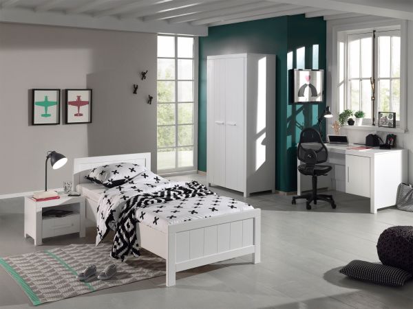 Vipack: Set "ERIK" mit Bett 90x200 Nachtkonsole Kleiderschrank Schreibtisch-Weiß