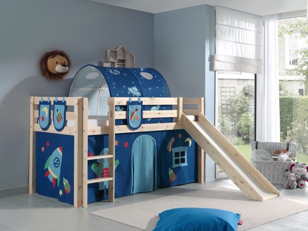 Vipack: PINO Spielbett mit Rutsche 90x200 und Textilset "Astronaut" Kiefer Natur