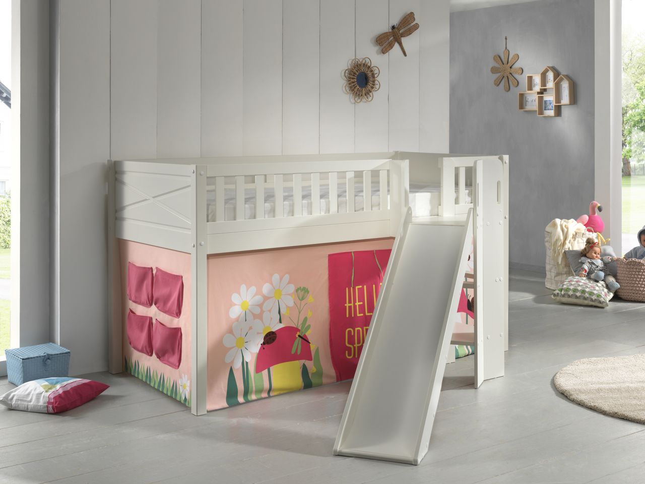 Set Spielbett Rutsche Vorhang Lattenrost Hochbett Kinderbett Rutschbett 90x200