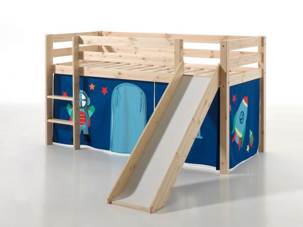 Spielbett Hochbett Kinderbett 90x200 Vorhang Astronaut Holzbett blau Rutsche
