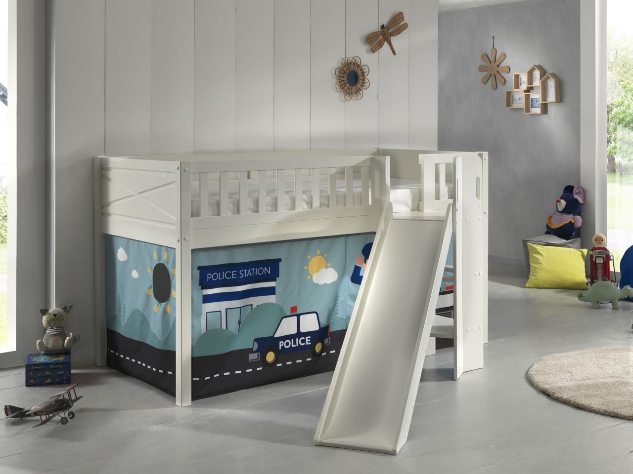 Set Spielbett Rutsche Vorhang Lattenrost Hochbett Kinderbett 90x200 Polizei blau