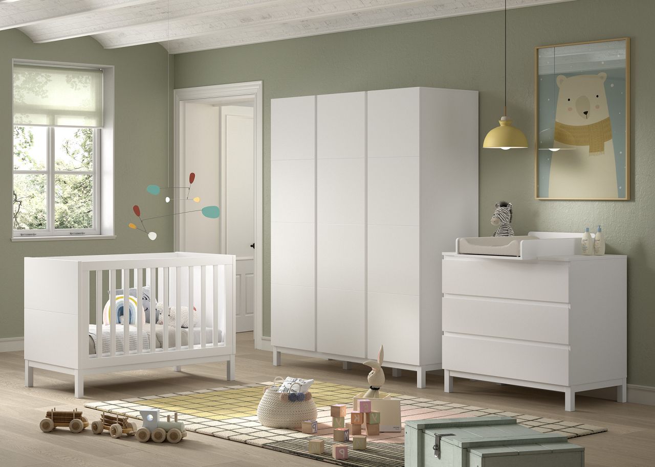 Set Babybett Kinderbett 60x120 Wickelkommode Schrank 3T Baby-Kinderzimmer Weiß