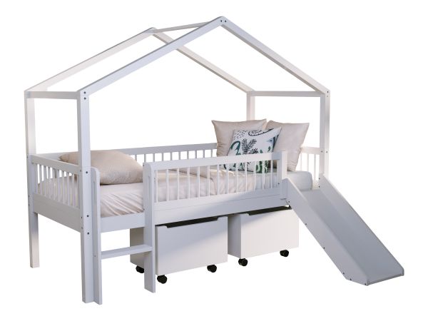 Halbhohes Hausbett Rollboxen Rutsche Lattenrost 90x200 Buche massiv weiß