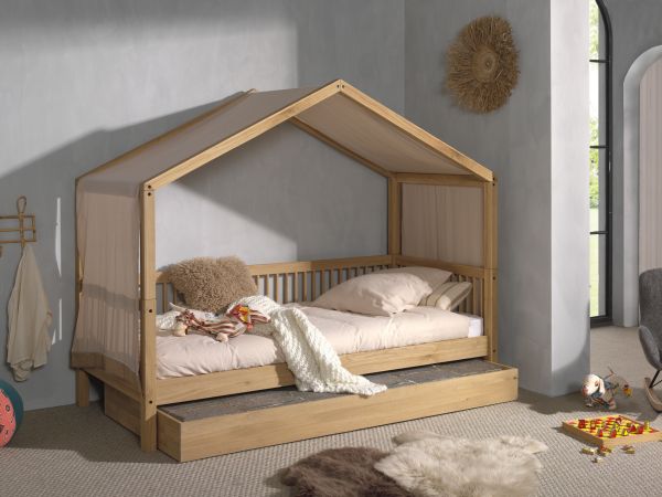 Hausbett 90x200 mit Bettschublade Textilhimmel Lattenrost Spielbett Eiche massiv