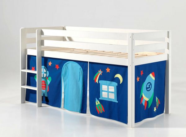 Vipack: "PINO" Spielbett 90 x 200 und Vorhang "Astronaut" - Kiefer massiv Weiß