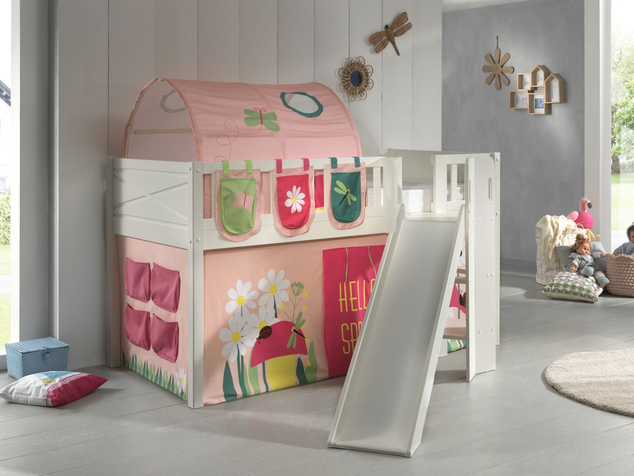Set Spielbett Rutsche Vorhang Lattenrost Taschen Hochbett Kinderbett 90x200 rosa
