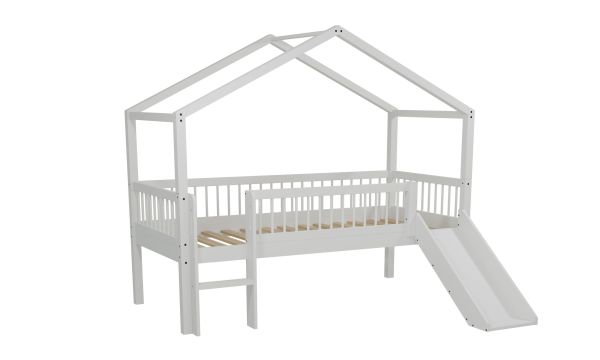 Halbhohes Hausbett Leiter Rutsche Lattenrost 90x200 Spielbett Buche massiv weiß