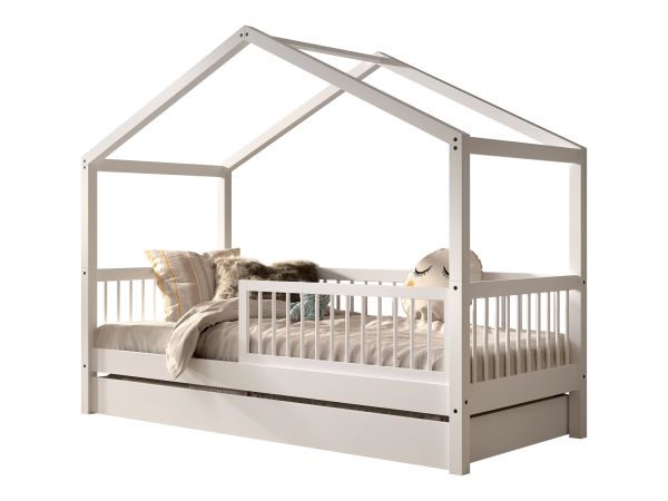 Hausbett Spielbett 90x200 Bettschublade Rausfallschutz Lattenrost Buche Weiß