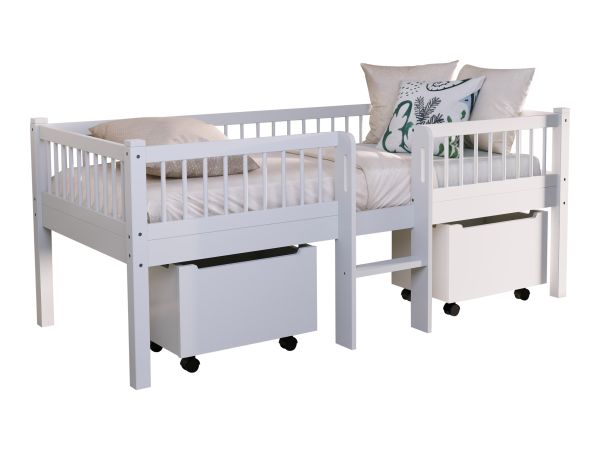 Junior-Spielbett Höhe 85 Leiter Rollboxen Lattenrost 90x200 Buche massiv weiß