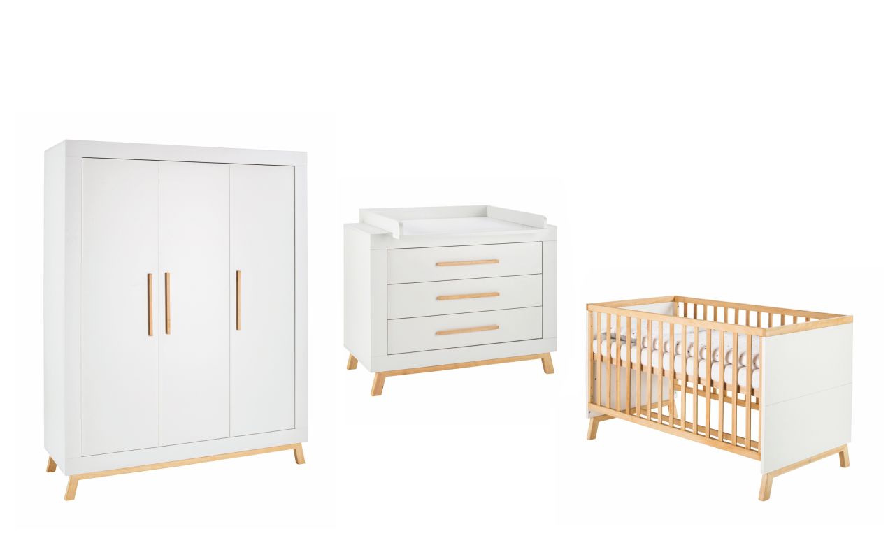 Set Kinderbett 70x140 Wickelkommode Schrank Umbauseiten Babyzimmer Weiß Schardt