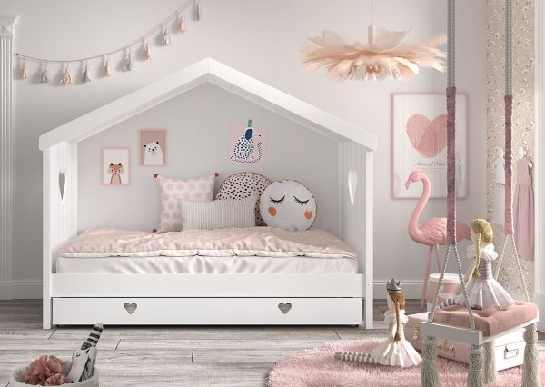 Hausbett 90x200 Bettschublade Kinderbett Einzelbett Lattenrost Herz Weiß Möbel