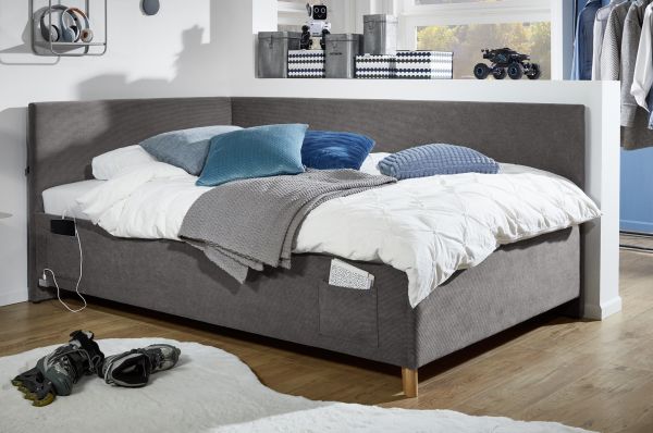 Polsterbett in 3 Größen mit Rückenteil USB-Anschluss Jugendbett Anthrazit