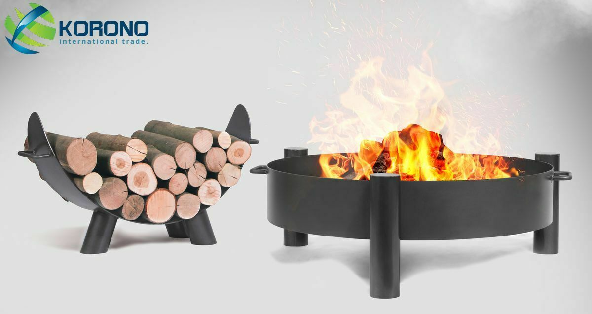 Feuerschale und Holzregal aus Stahl - Feuerkorb Grillfeuer Feuerstelle - Ø 80 cm