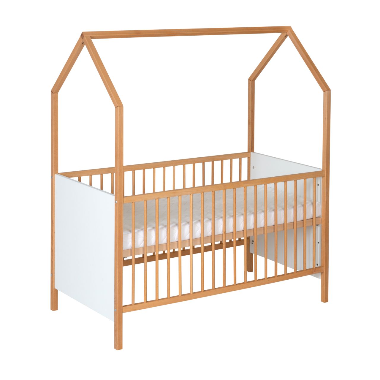 Hausbett 70x140 -Umbaubett Gitterbett Babybett Kinderbett -Weiß/ Naturbelassen