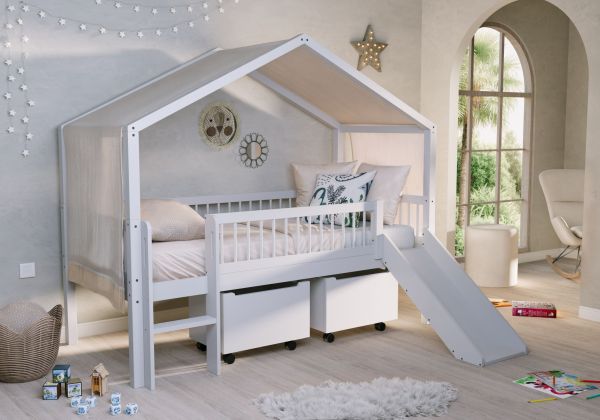 Halbhohes Hausbett Rollboxen Rutsche Lattenrost 90x200 Himmel Buche massiv Weiß