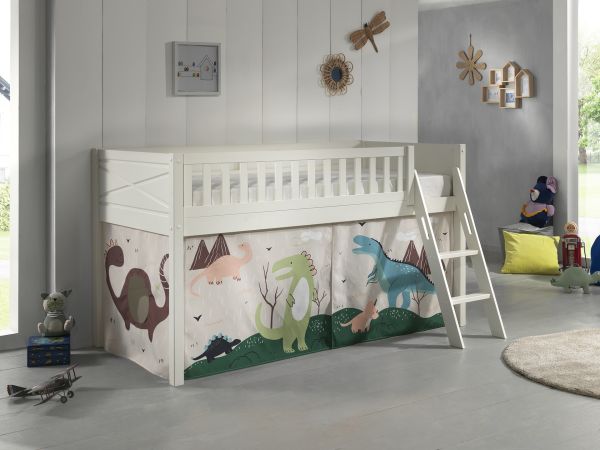 Set Spielbett Vorhang Lattenrost Hochbett Kinderbett 90x200 Dinosaurier weiß