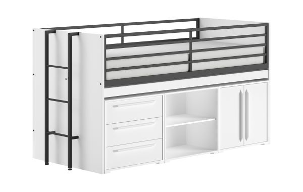 Funktionsbett 90x200 Schreibplatte Regal 2 Kommoden Halbhochbett Spielbett Weiß