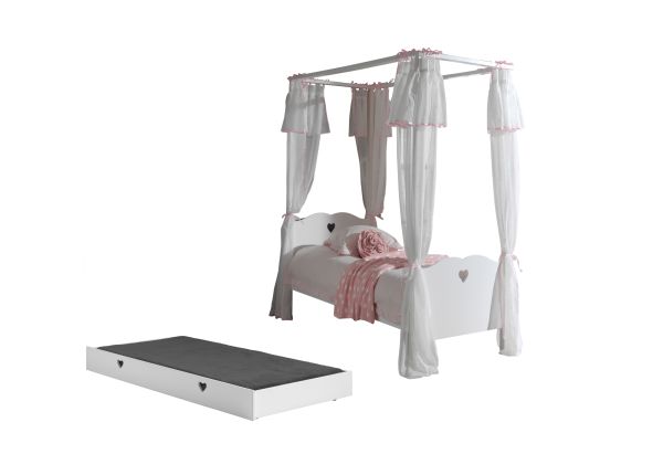 Set Himmelbett 90x200 Textilschal Lattenrost Vorhang Bettschublade Weiß Rosa