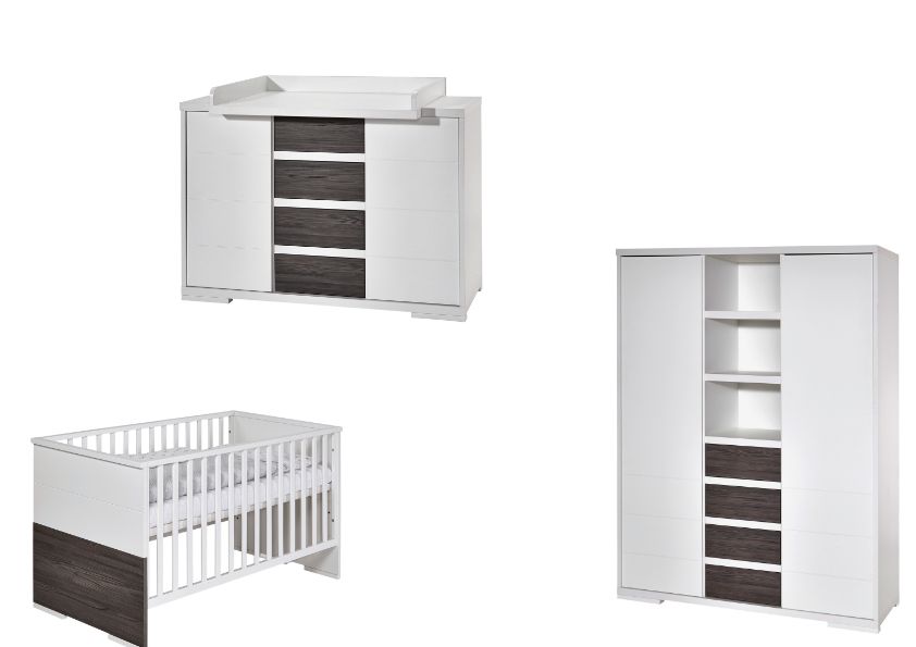 Set Kinderbett 70x140 Wickelkommode Schrank Umbauseiten Babyzimmer Weiß Schardt