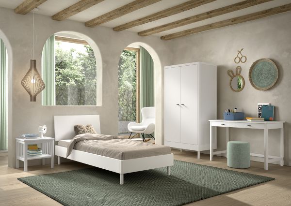 Set Futonbett Schrank 2T Nachtkonsole Schreibtisch Lattenrost Buche massiv Weiß