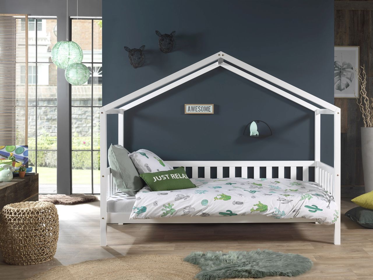 Set Hausbett Matratze 90x200 Kinderbett Kindermöbel Spielbett Lattenrost Weiß