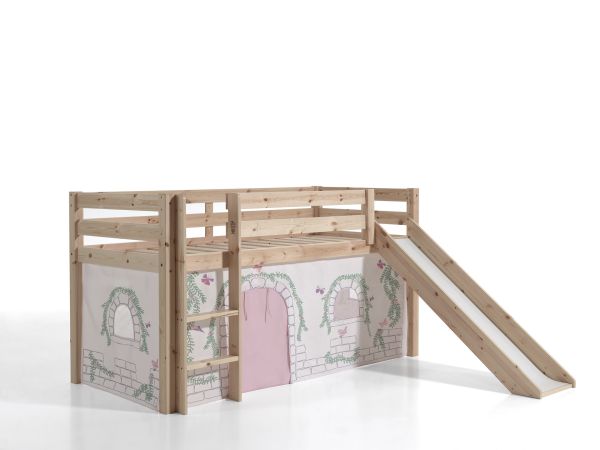 Vipack: "PINO" Spielbett mit Rutsche 90 x 200 und Vorhang "Birdy" - Massiv Natur