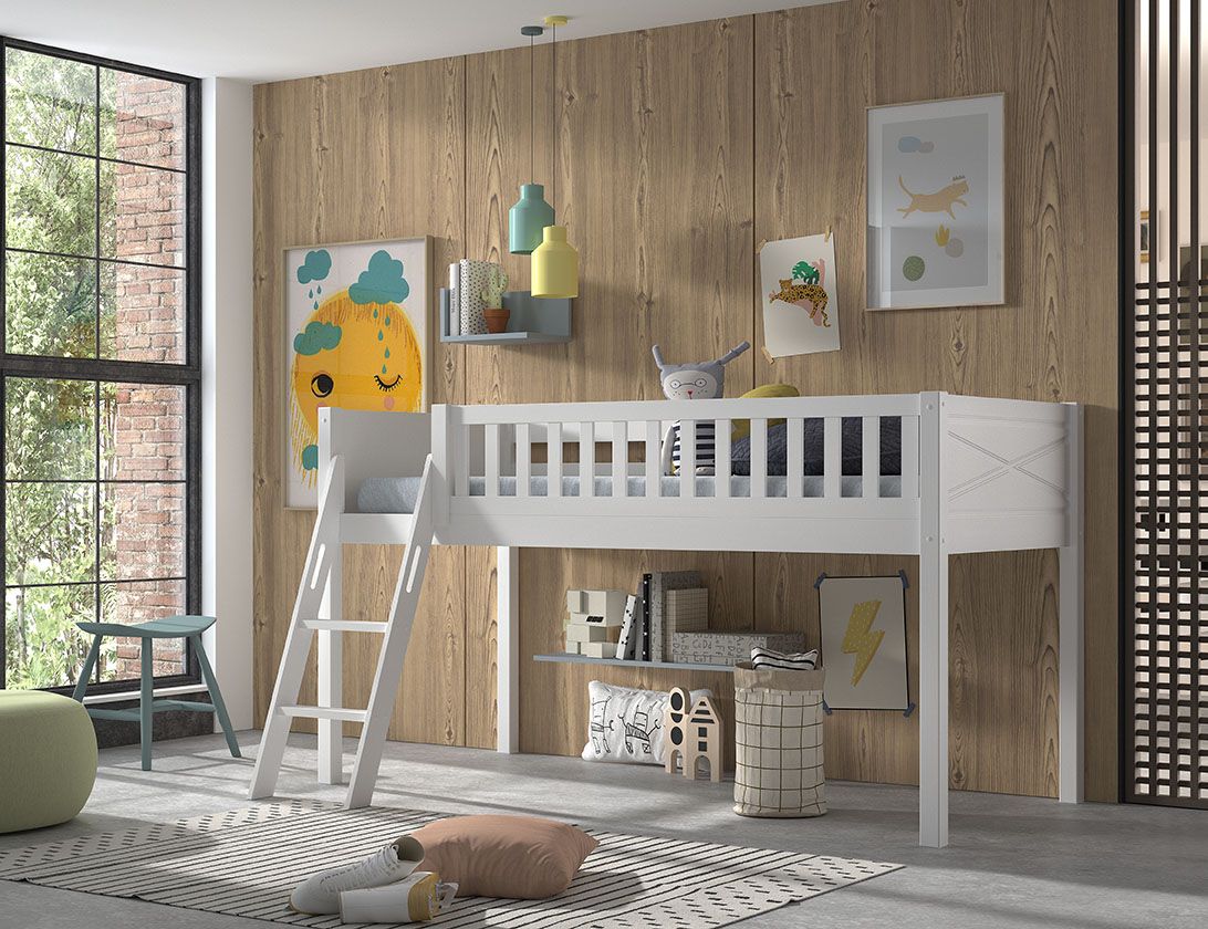 halbhohes Spielbett Leiter Rolllattenrost Hochbett Leiterbett Kinderbett 90x200