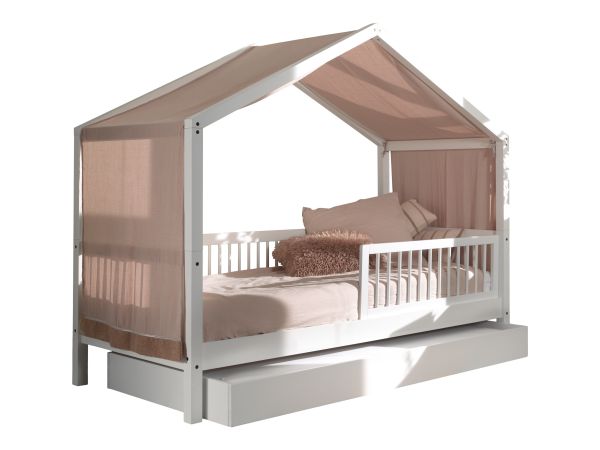 Hausbett 90x200 Bettschublade Textilhimmel Rausfallschutz Lattenrost Buche Weiß