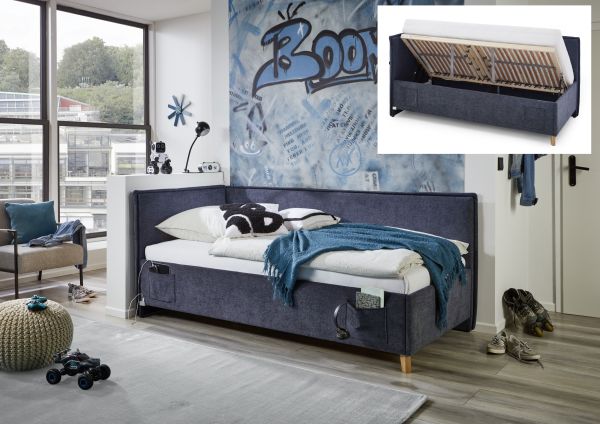 Polsterbett 3 Größen Lattenrost Rückenteil Bettkasten USB Jugendbett Dunkelblau