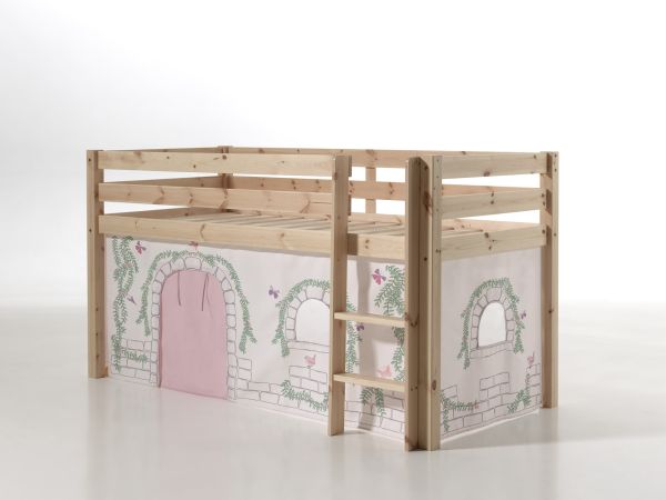 Vipack: "PINO" Spielbett / Hochbett 90 x 200 mit Vorhang "Birdy" - Massiv Natur